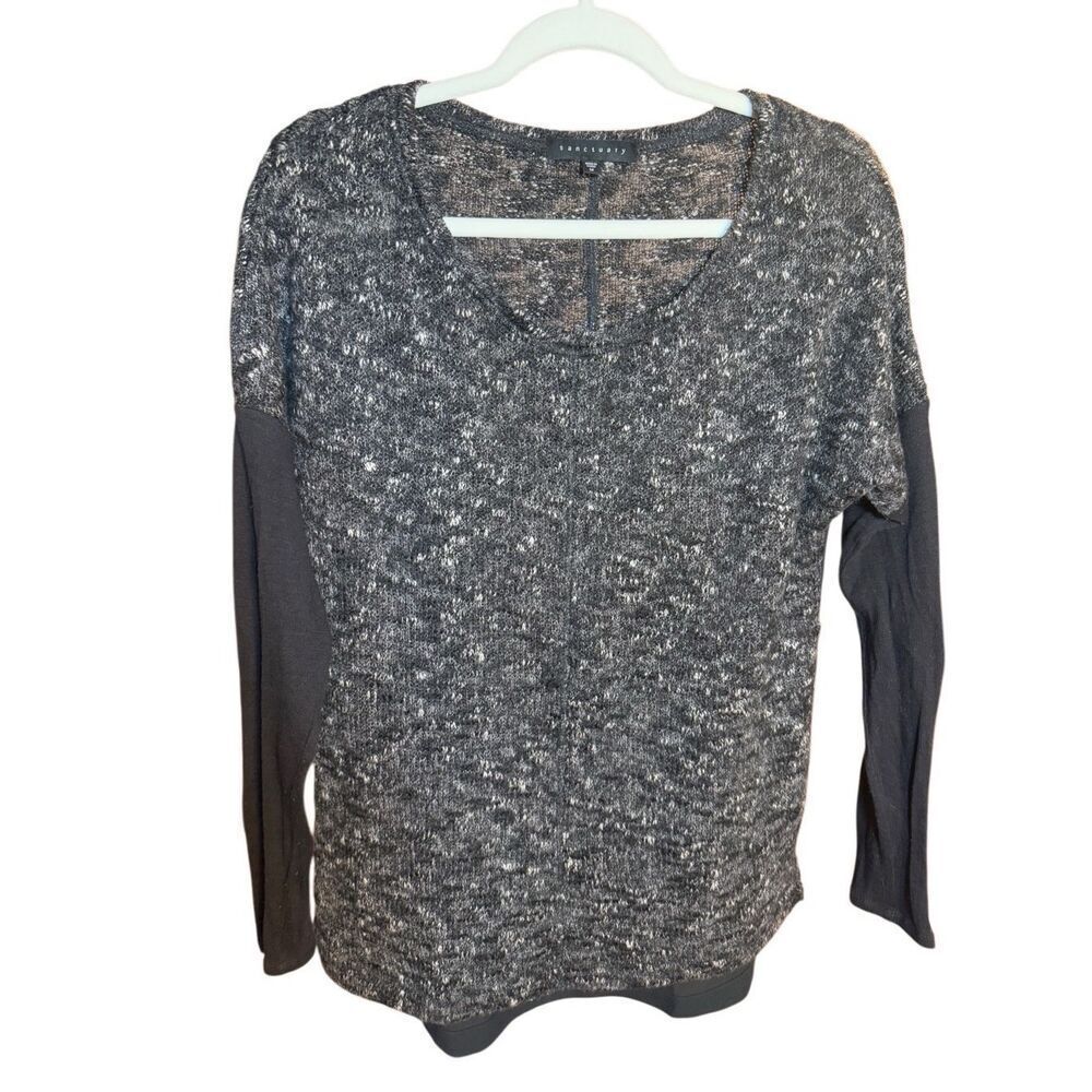 Sanctuary Scoop Neck Combo Sweater Knit Top w/Woven Back Charcoal Gray/Black Sz